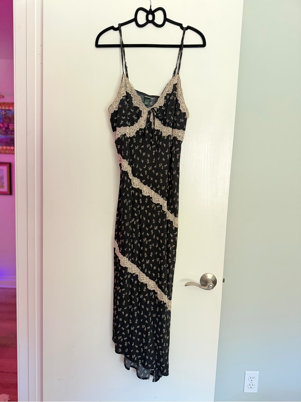 WILD FABLE Black Floral Slip Dress with Cream Lace Trim